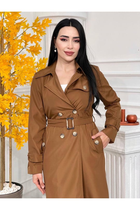 Klasik Çift Düğme Trenç Kot 3064-Taba