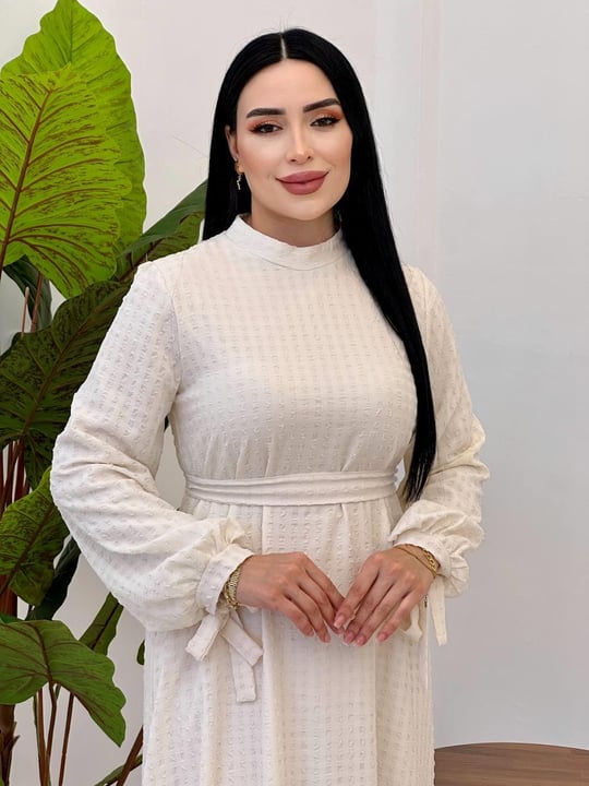 Kol Bağçık Bağlama Elbise 9525 Ekru