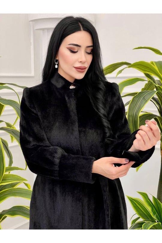 Kol Fermuar Angora Kürk Kaban 7344-Siyah