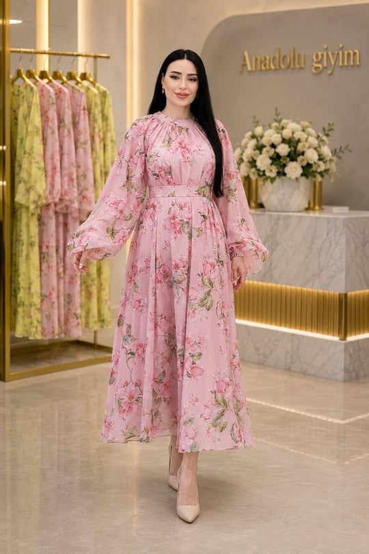 Kol FırFır Desenli Elbise 35153 T-26 pembe