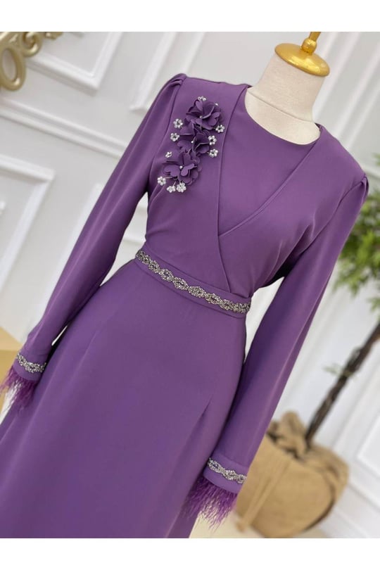 Kol İşleme Tüylü Elbise 22el10-Mor