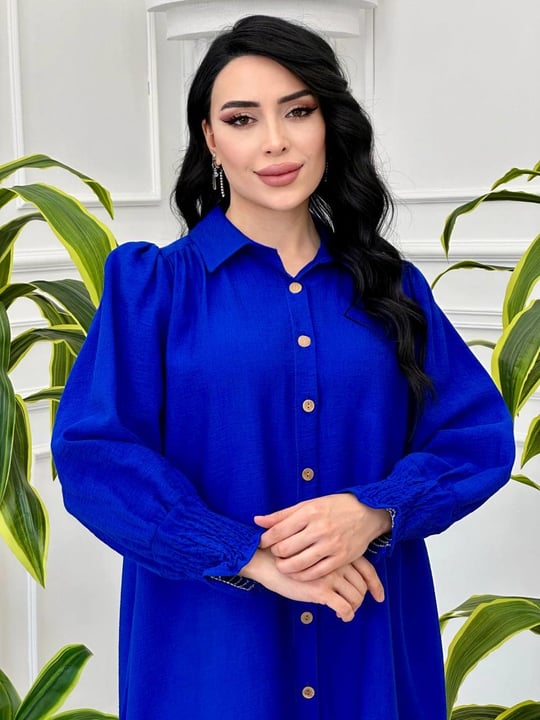 Kol Lastik Düğmeli Elbise 9966 Saks
