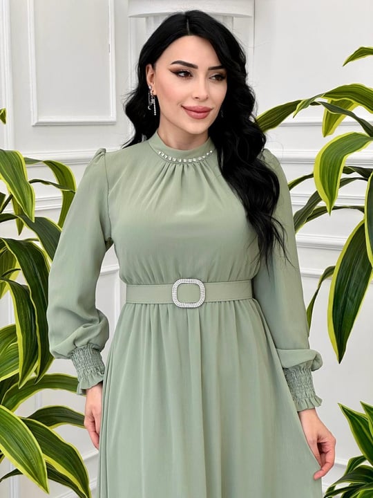 Kol Lastik Manşet Şifon Elbise 3480 T-24 Mint yeşili