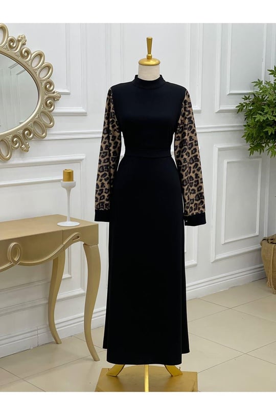 Kol Leopar Elbise 638-Siyah