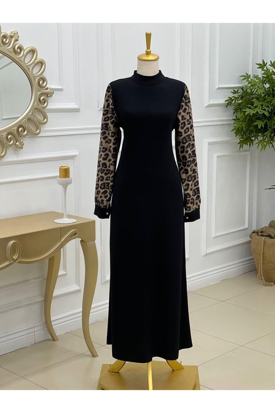 Kol Leopar Elbise 638-Siyah