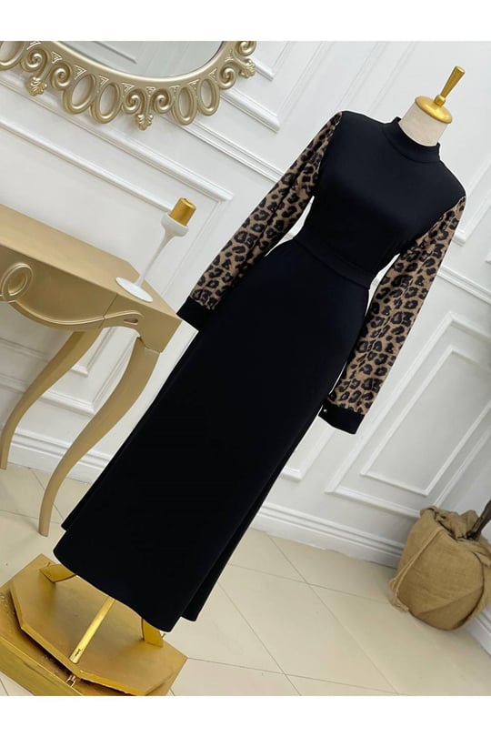 Kol Leopar Elbise 638-Siyah