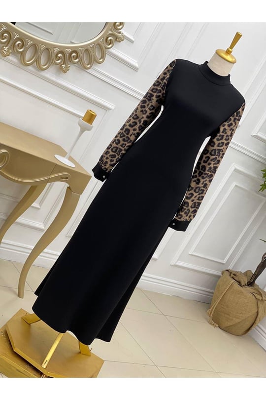 Kol Leopar Elbise 638-Siyah