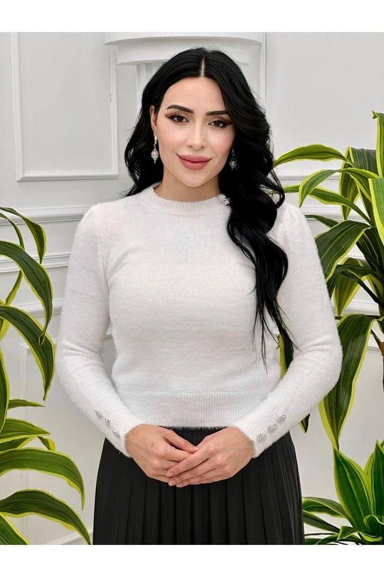 Kol Manjeti Düğmeli Kazak 7521-Beyaz