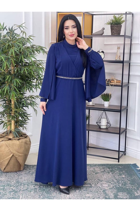 Kol Pelerinli İncili Elbise 5528-Saks