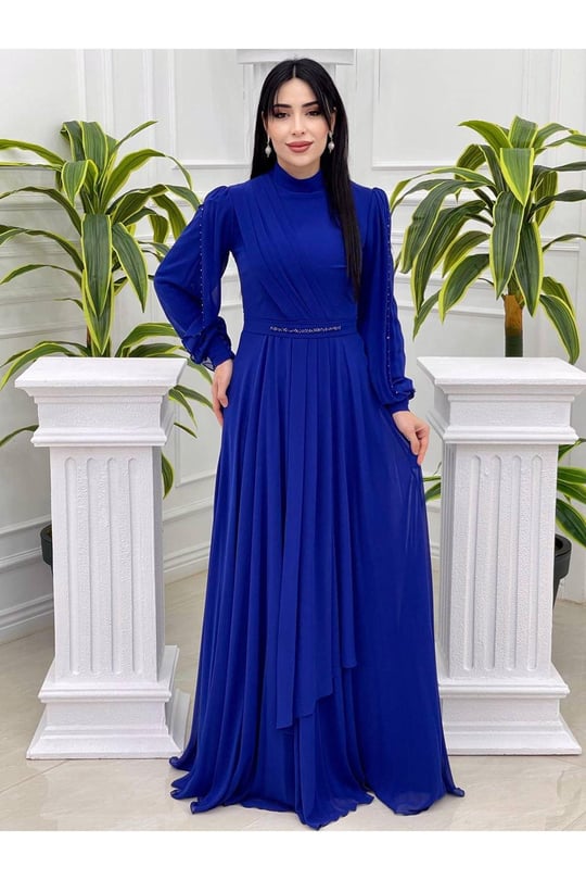 Kol Pencere Şifon Elbise 12385-Saks