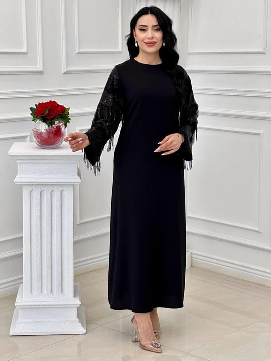 Kol Pul Saçak Elbise 20931 t-24 Siyah