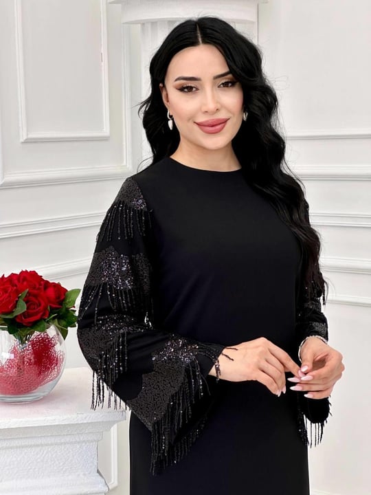 Kol Pul Saçak Elbise 20931 t-24 Siyah