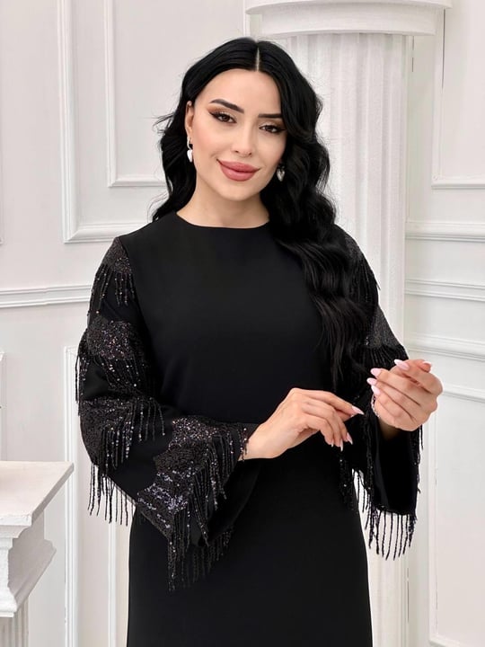 Kol Pul Saçak Elbise 20931 t-24 Siyah