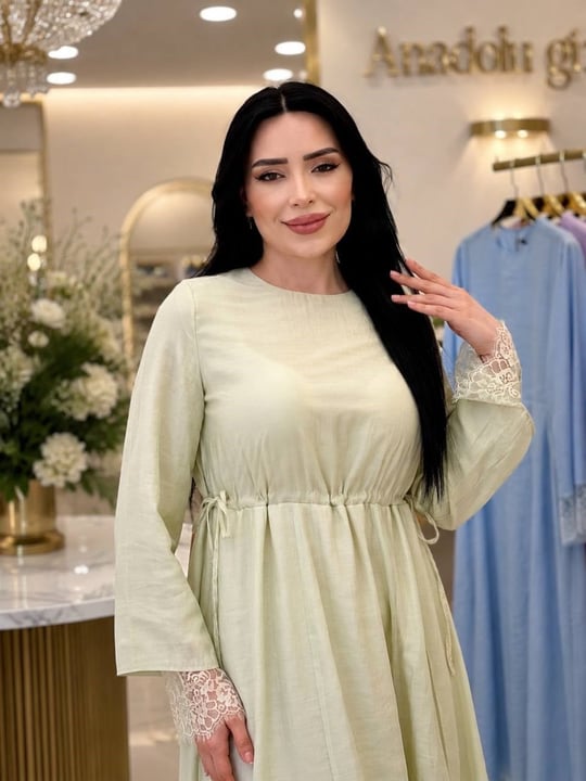Kol Ucu Güpür Bel Büzme Yaz Elbisesi 32466 T-26 Su Yeşili