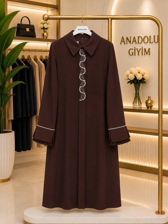 Kol Ucu Pilise Detay Taşlı Tunik 2111 T-26 Kahverengi