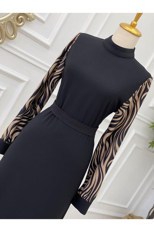 Kol Zebra Elbise 638-Siyah