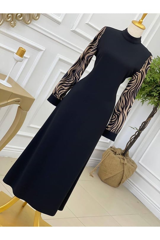 Kol Zebra Elbise 638-Siyah