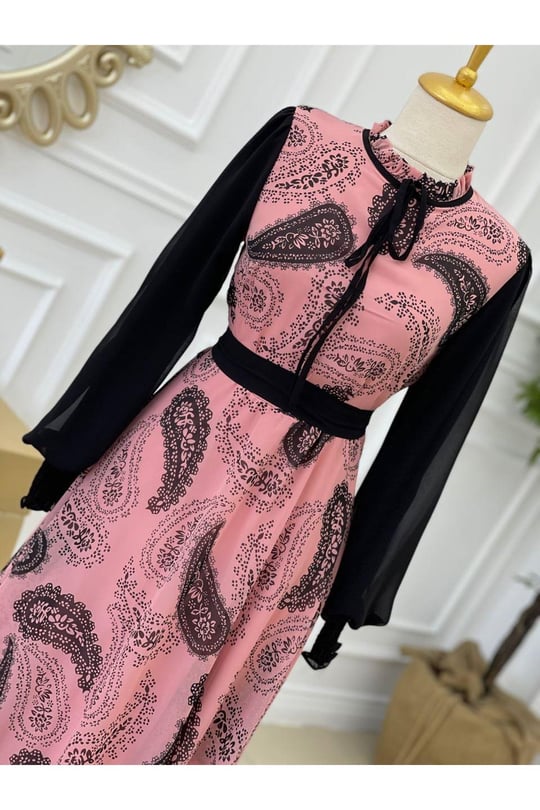 Kolu Düz Şifon Elbise 1197-pembe