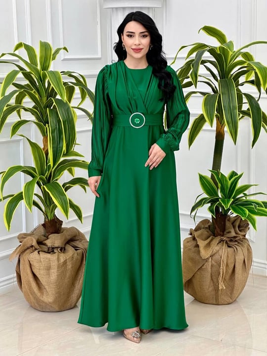 Kolu Pilise Saten Elbise 1527 T-24 Yeşil