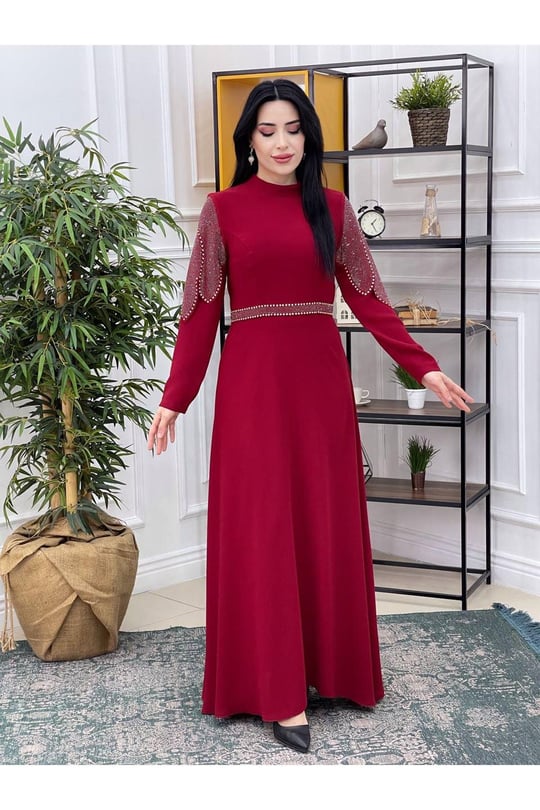 Kolu Taş Kapak Elbise 3710-Kırmızı
