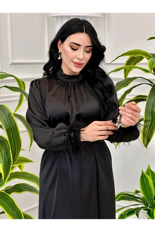 Kolu Tüylü Saten Elbise 9137-Siyah