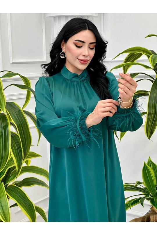Kolu Tüylü Saten Elbise 9137-Yeşil