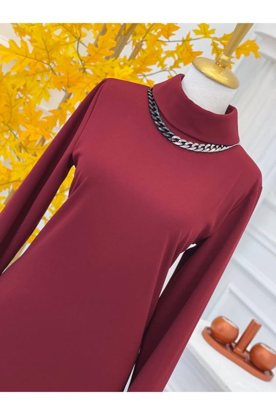 Kolye Detay Boğazlı Tunik 733-Bordo