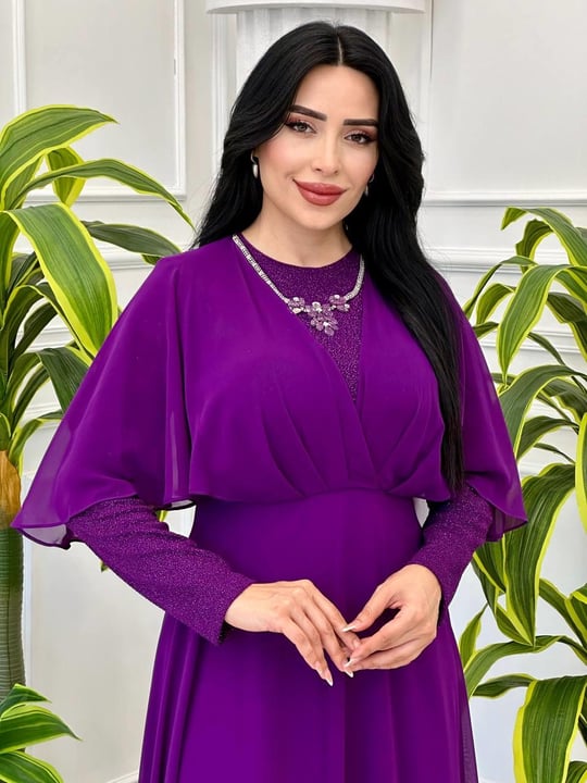 Kolyeli Çıkma Kol Elbise 9065 t-24 Mor