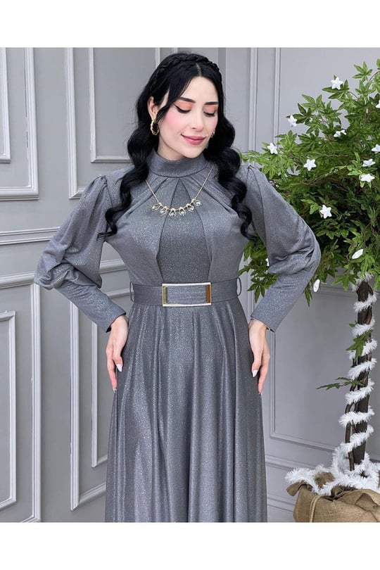 Kolyeli Simli Elbise 3873-Füme