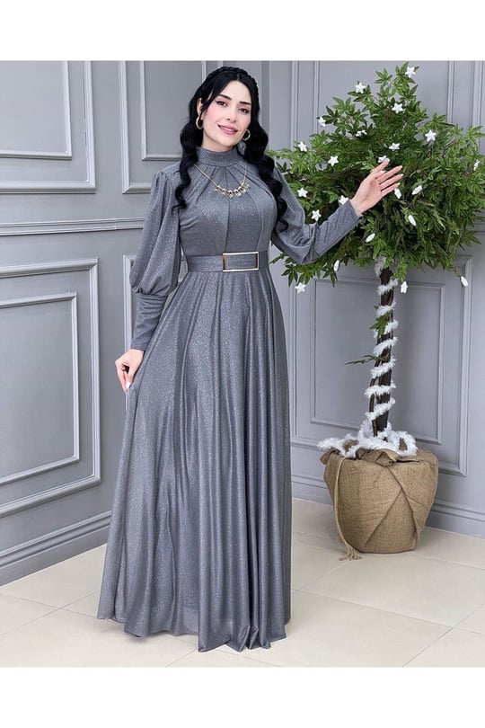 Kolyeli Simli Elbise 3873-Füme