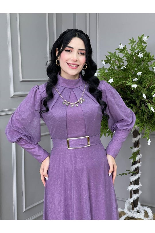 Kolyeli Simli Elbise 3873-Leylak