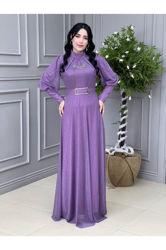 Kolyeli Simli Elbise 3873-Leylak