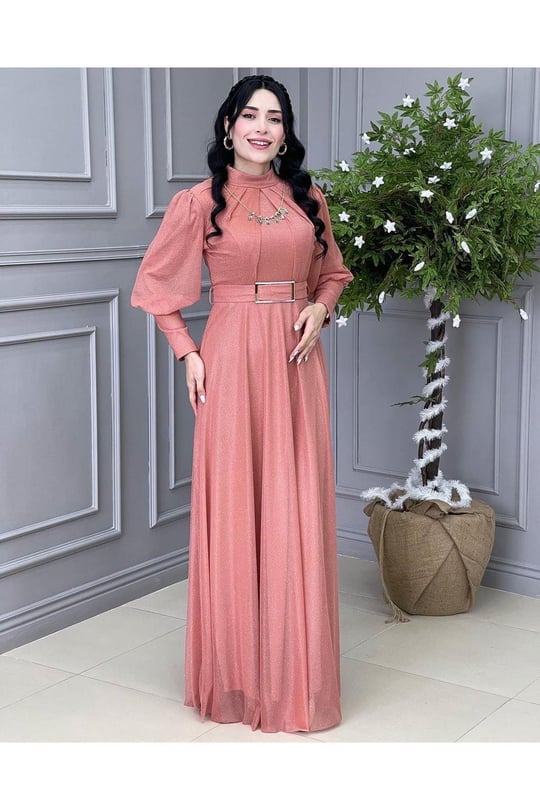 Kolyeli Simli Elbise 3873-Taba