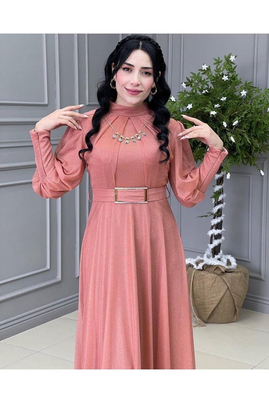 Kolyeli Simli Elbise 3873-Taba