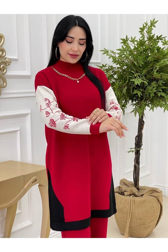 Kolyeli Triko Takım 9333-Kırmızı