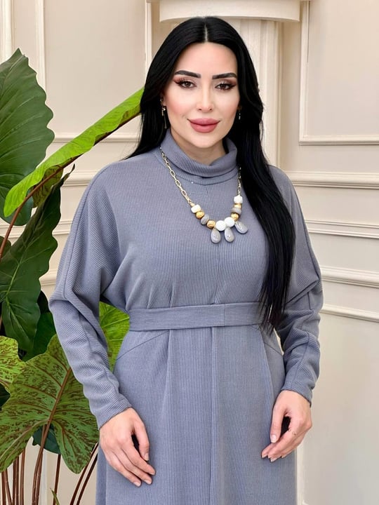 Kolyeli Yarasa Kol Örme Elbise 1476 t-24 Gri