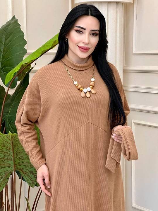 Kolyeli Yarasa Kol Örme Elbise 1476 t-24 Taba