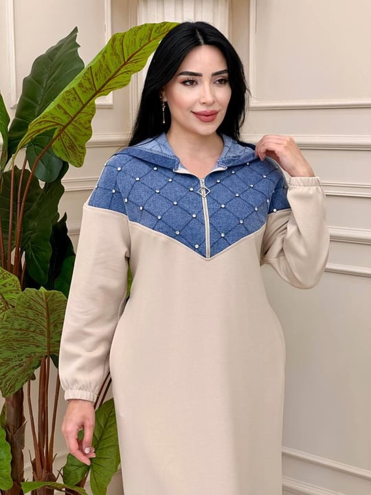 Kot Detay Sweat Elbise 1467 t-24 Bej