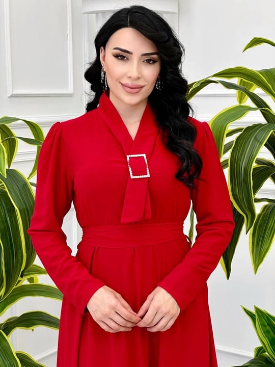 Kravatlı Şifon Elbise 1653 t-24 Kırmızı