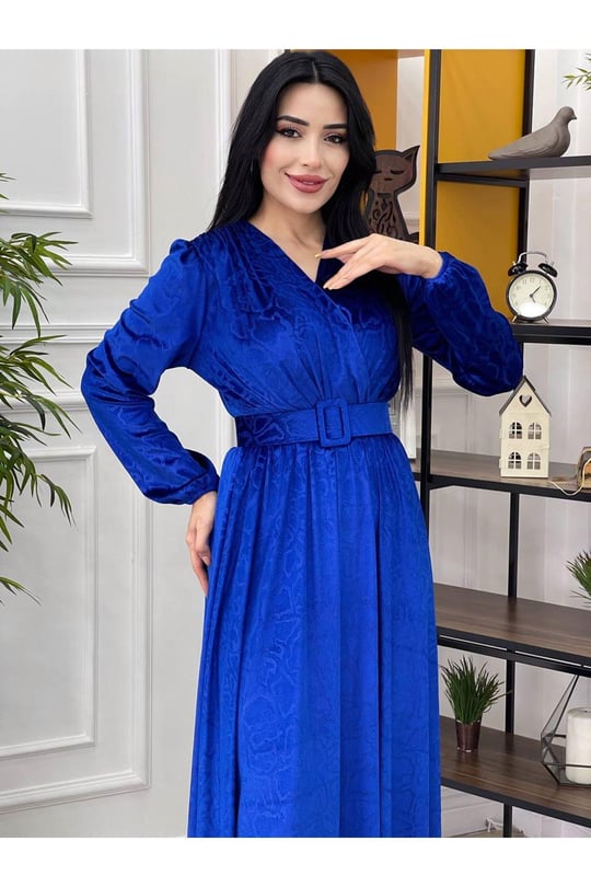 Kruvaze Baskı Kadife Elbise 1249-Saks