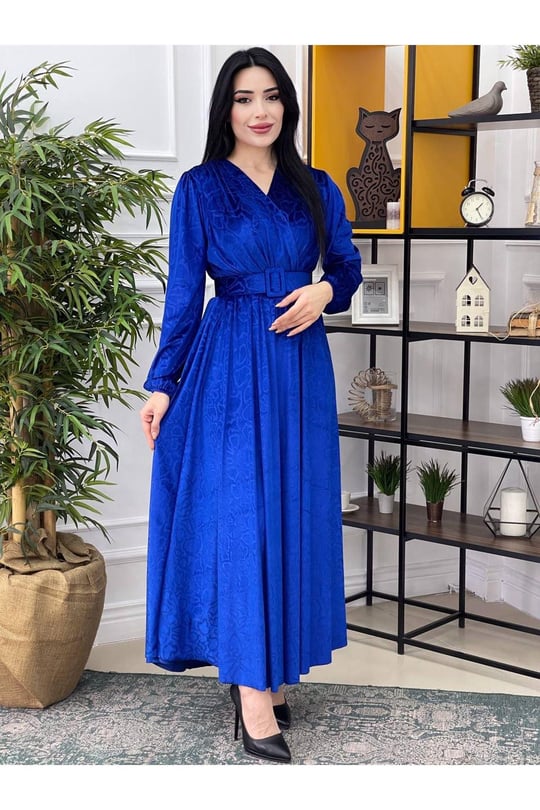 Kruvaze Baskı Kadife Elbise 1249-Saks