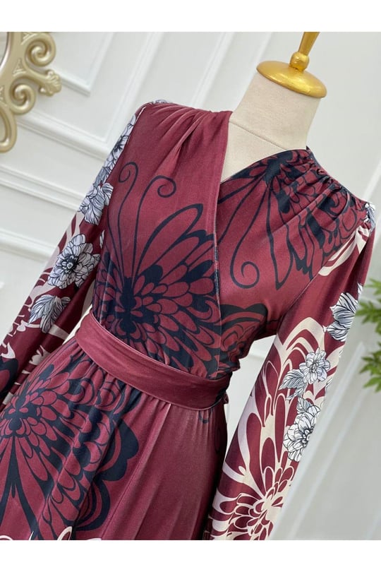 Kruvaze Desenli Kadife Elbise 3813-Bordo