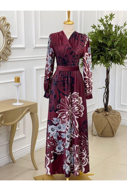 Kruvaze Desenli Kadife Elbise 3813-Bordo