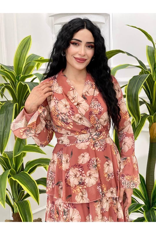 Kruvaze Kat Kat Şifon Elbise 3288-Taba