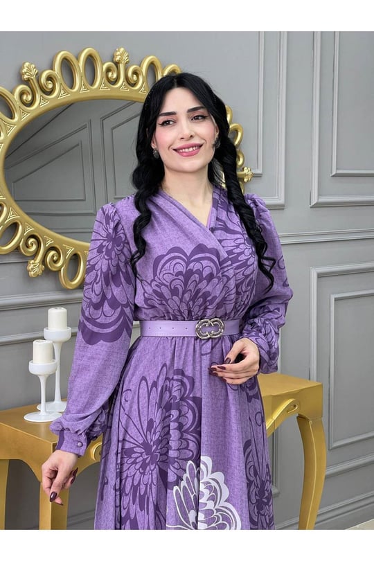 Kruvaze Kemerli Elbise 3418-Leylak