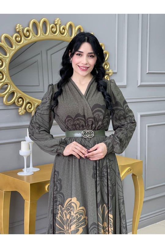 Kruvaze Kemerli Elbise 3418-Yeşil