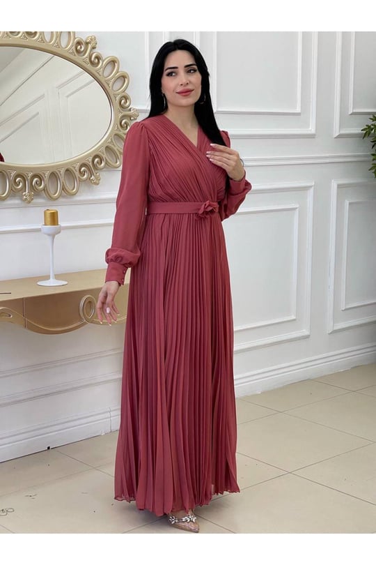 Kruvaze Pilise Elbise 3365-Nar Çiçeği