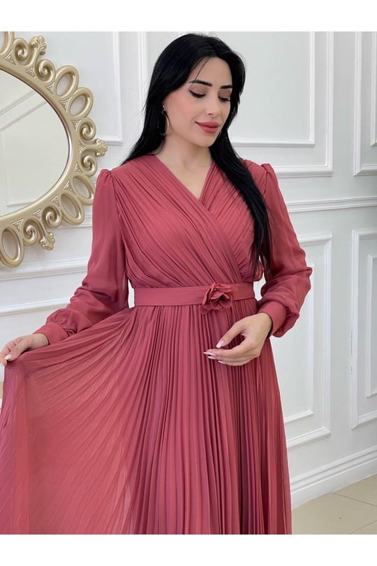 Kruvaze Pilise Elbise 3365-Nar Çiçeği