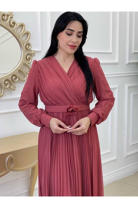 Kruvaze Pilise Elbise 3365-Nar Çiçeği