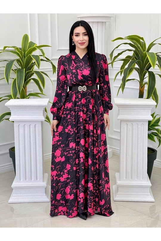 Kruvaze Saten Elbise 4016-pembe